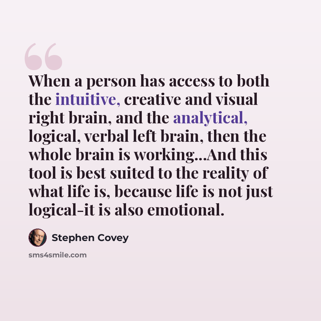 “When a person has access to both the intuitive, creative and visual right brain, and the analytical, logical, verbal left brain, then the whole brain is working...And this tool is best suited to the reality of what life is, because life is not just logical-it is also emotional.” quote by Stephen Covey