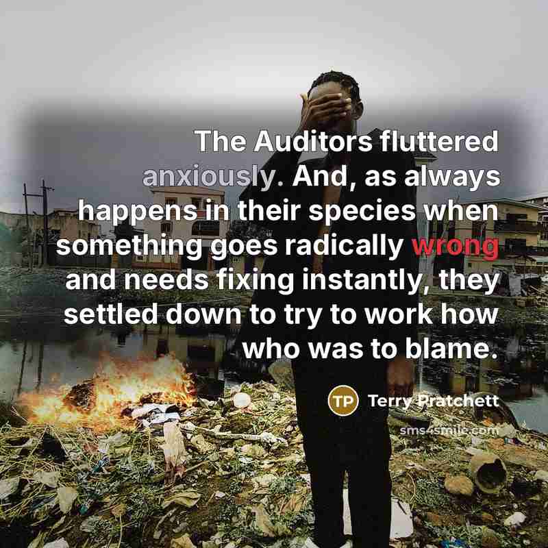“The Auditors fluttered anxiously. And, as always happens in their species when something goes radically wrong and needs fixing instantly, they settled down to try to work how who was to blame.” quote by Terry Pratchett