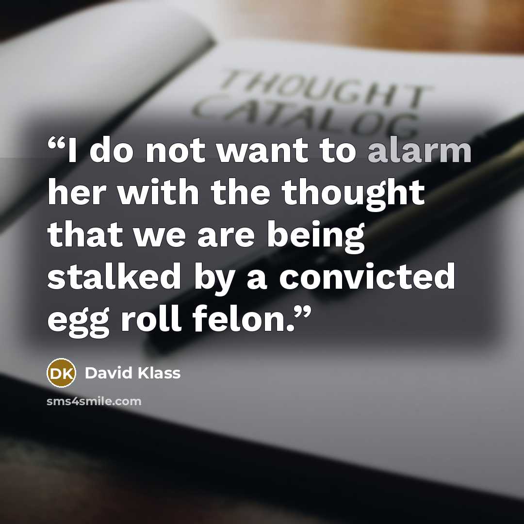 “I do not want to alarm her with the thought that we are being stalked by a convicted egg roll felon.” quote by David Klass