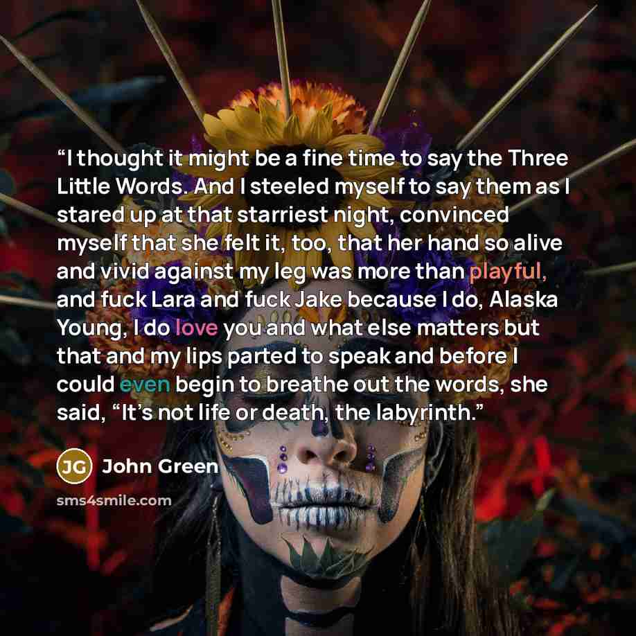 “I thought it might be a fine time to say the Three Little Words. And I steeled myself to say them as I stared up at that starriest night, convinced myself that she felt it, too, that her hand so alive and vivid against my leg was more than playful, and fuck Lara and fuck Jake because I do, Alaska…” quote by John Green