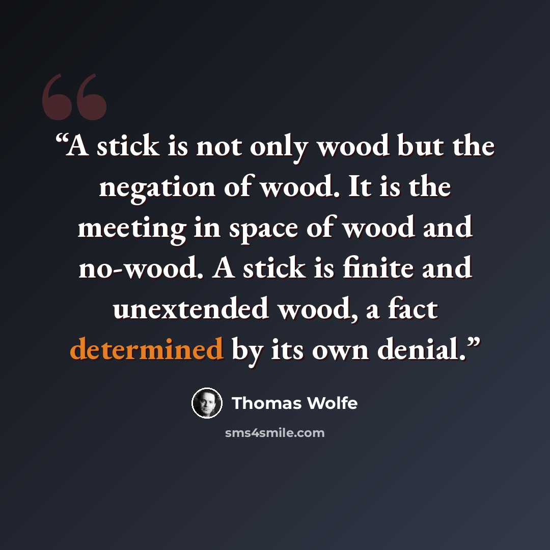 “A stick is not only wood but the negation of wood. It is the meeting in space of wood and no-wood. A stick is finite and unextended wood, a fact determined by its own denial.” quote by Thomas Wolfe