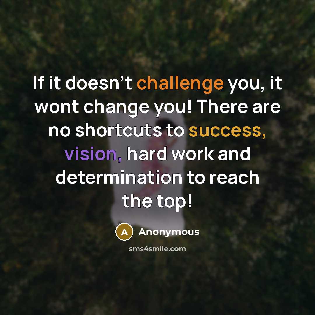 “If it doesn't challenge you, it wont change you! There are no shortcuts to success, vision, hard work and determination to reach the top!” quote by Anonymous
