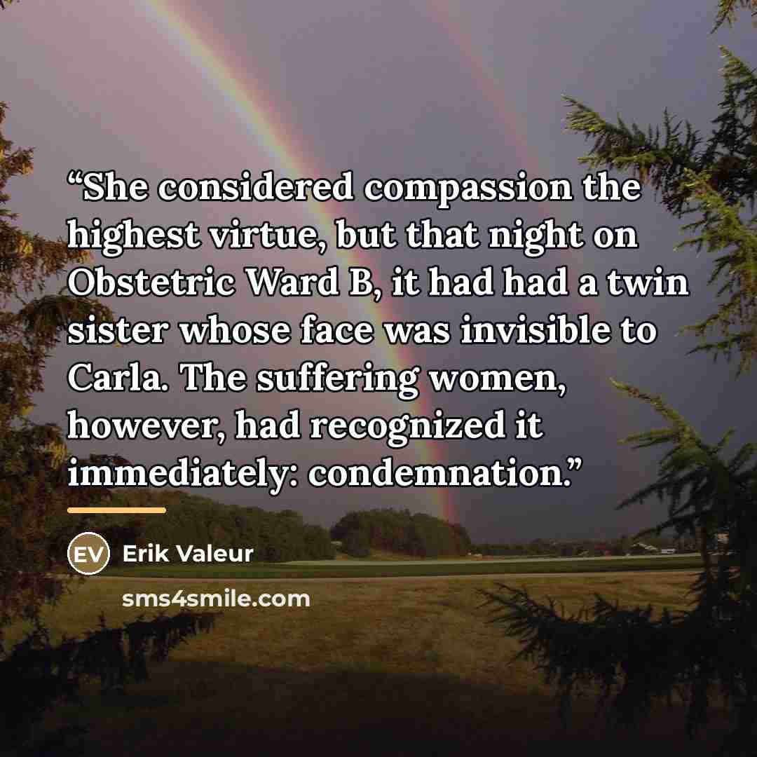 “She considered compassion the highest virtue, but that night on Obstetric Ward B, it had had a twin sister whose face was invisible to Carla. The suffering women, however, had recognized it immediately: condemnation.” quote by Erik Valeur