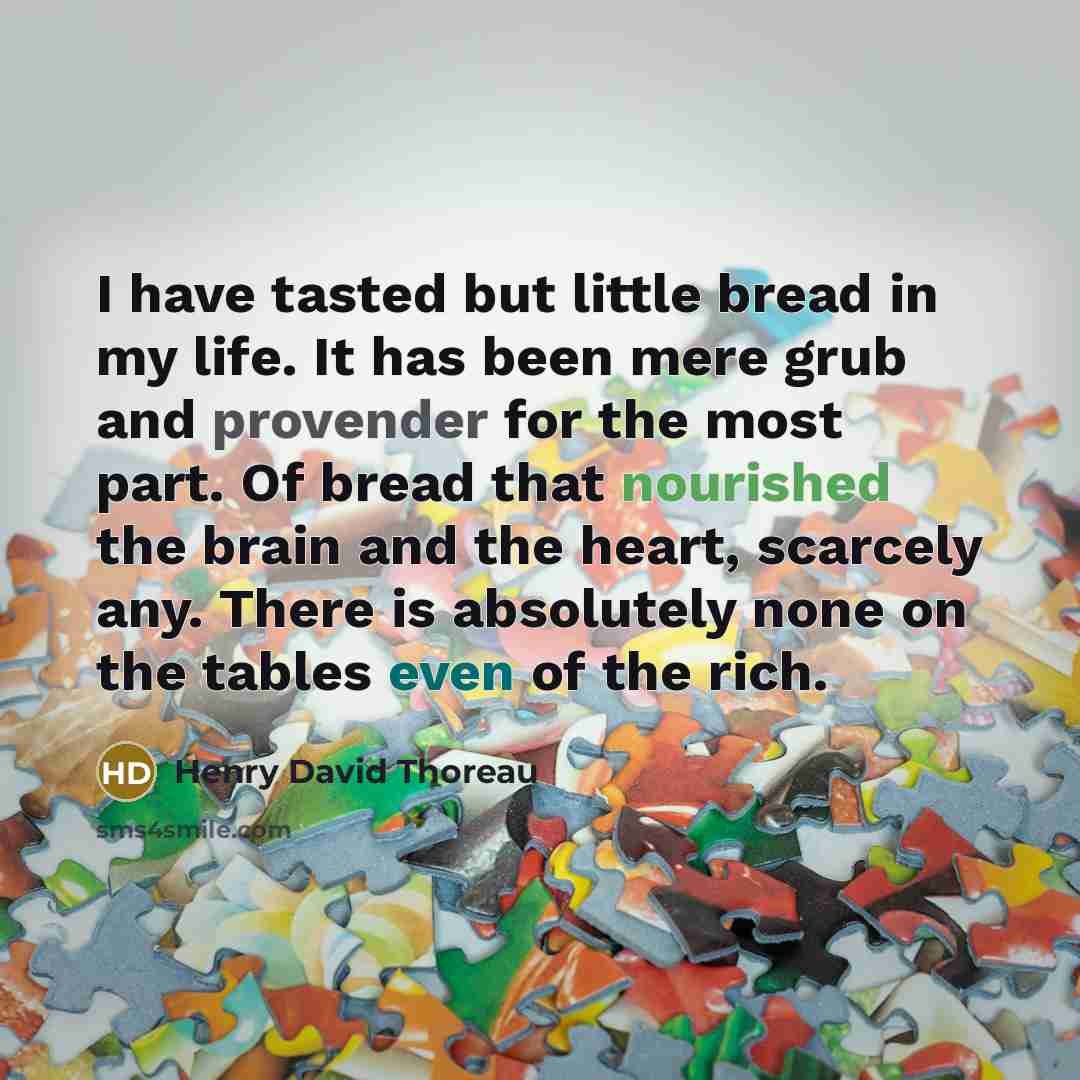 “I have tasted but little bread in my life. It has been mere grub and provender for the most part. Of bread that nourished the brain and the heart, scarcely any. There is absolutely none on the tables even of the rich.” quote by Henry David Thoreau