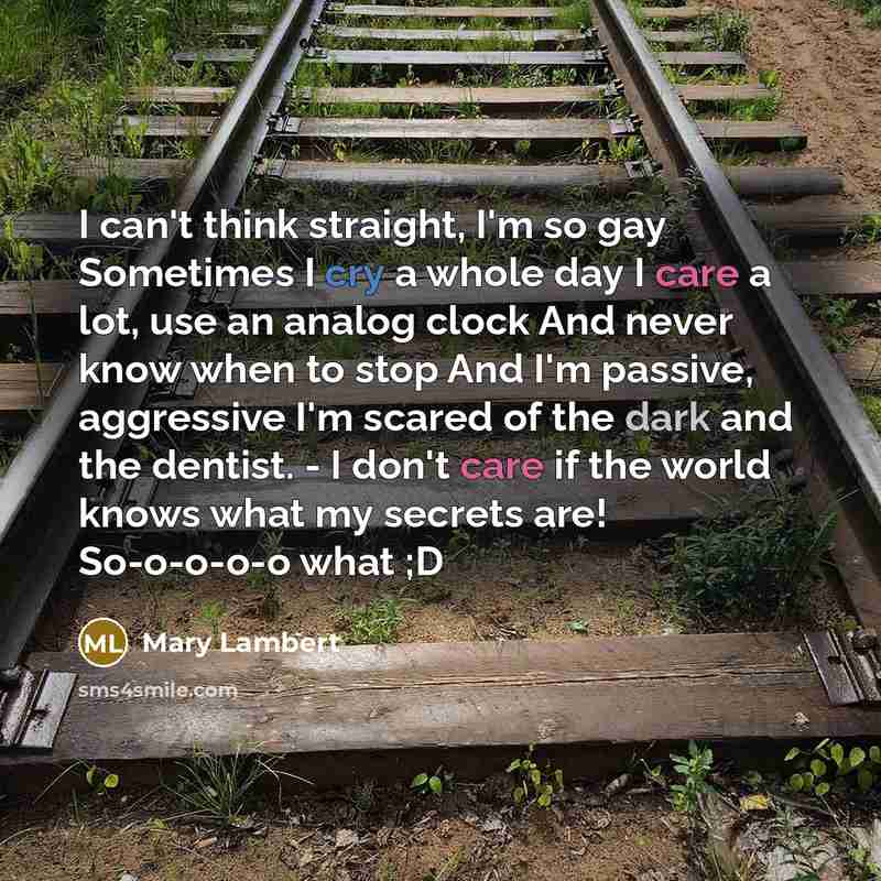 “I can't think straight, I'm so gay Sometimes I cry a whole day I care a lot, use an analog clock And never know when to stop And I'm passive, aggressive I'm scared of the dark and the dentist. - I don't care if the world knows what my secrets are! So-o-o-o-o what ;D” quote by Mary Lambert