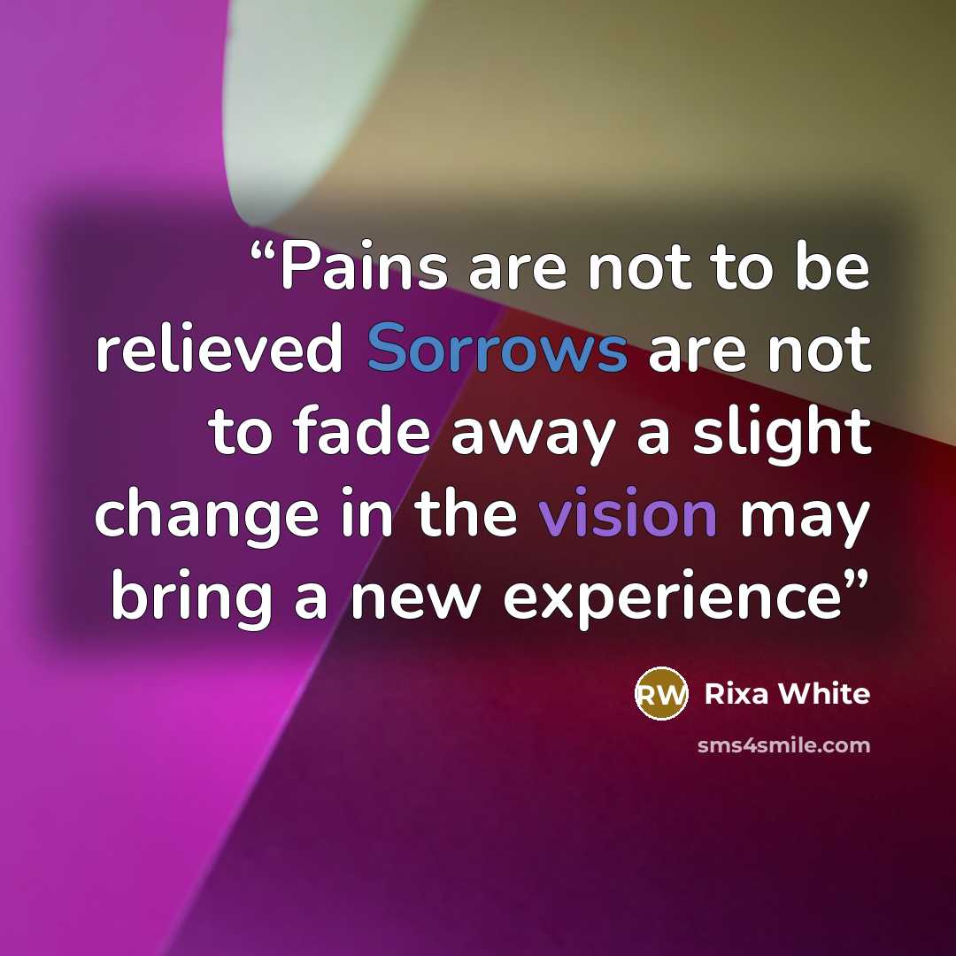 “Pains are not to be relieved Sorrows are not to fade away a slight change in the vision may bring a new experience” quote by Rixa White