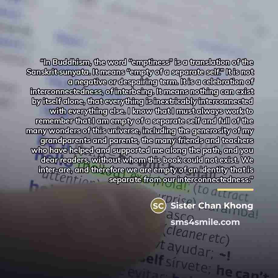 “In Buddhism, the word “emptiness” is a translation of the Sanskrit sunyata. It means “empty of a separate self.” It is not a negative or despairing term. It is a celebration of interconnectedness, of interbeing. It means nothing can exist by itself alone, that everything is inextricably…” quote by Sister Chan Khong