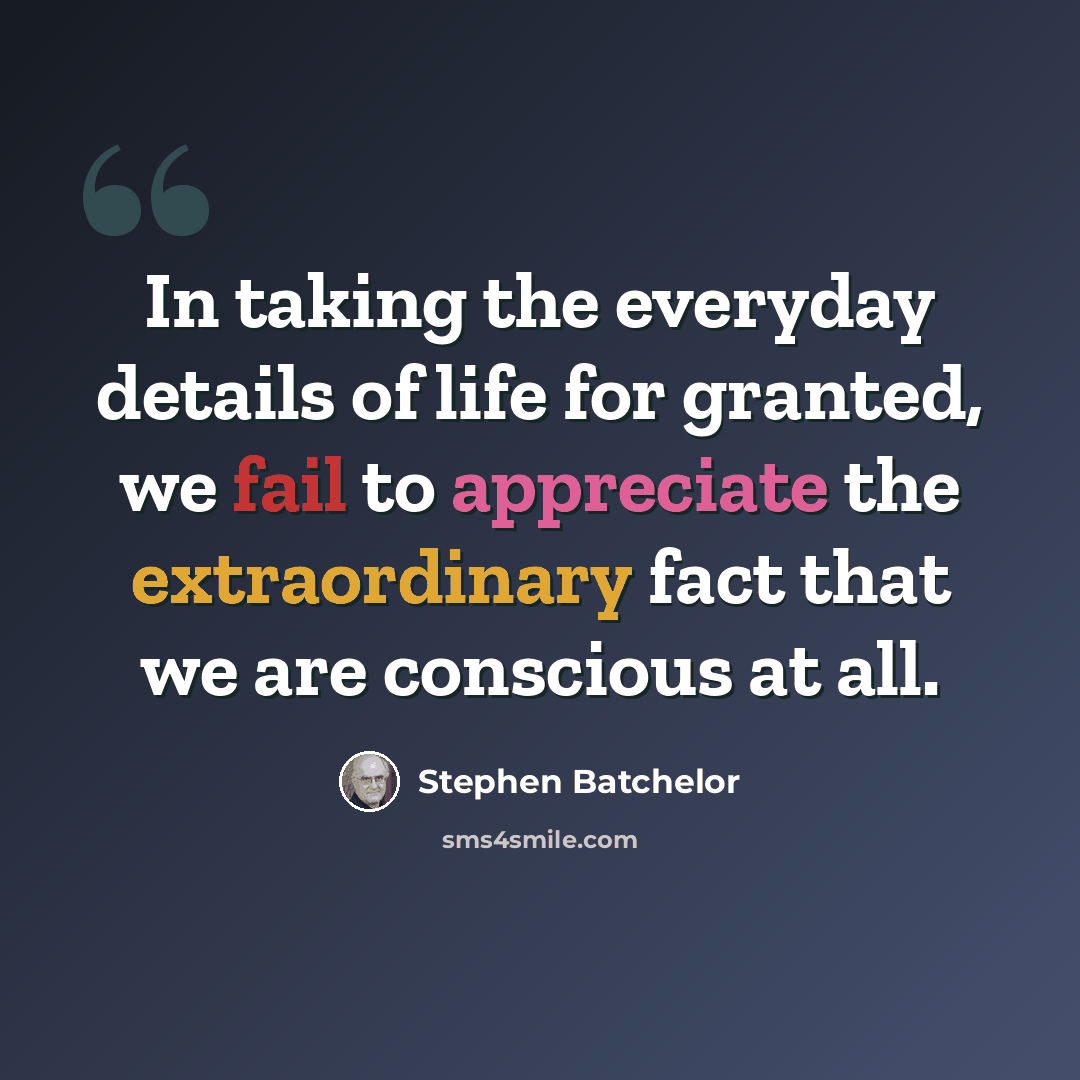 “In taking the everyday details of life for granted, we fail to appreciate the extraordinary fact that we are conscious at all.” quote by Stephen Batchelor