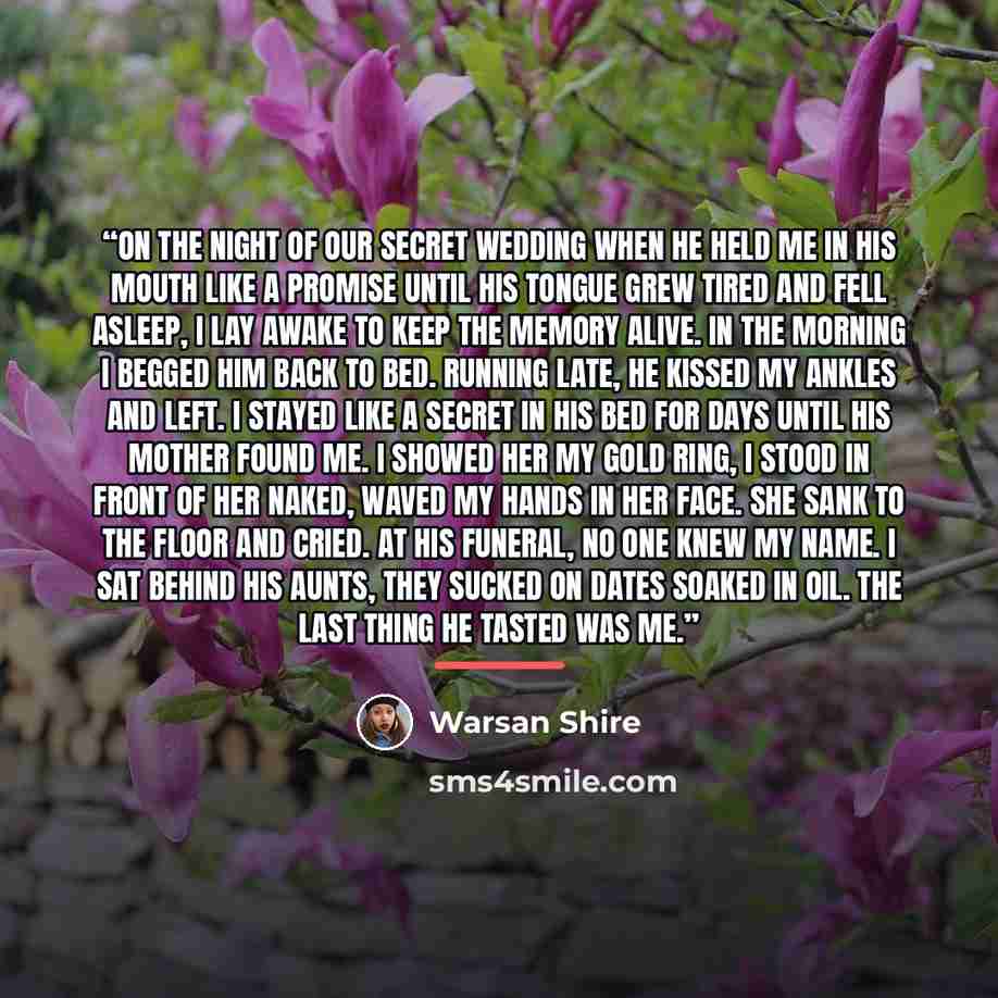 “On the night of our secret wedding when he held me in his mouth like a promise until his tongue grew tired and fell asleep, I lay awake to keep the memory alive. In the morning I begged him back to bed. Running late, he kissed my ankles and left. I stayed like a secret in his bed for days until…” quote by Warsan Shire