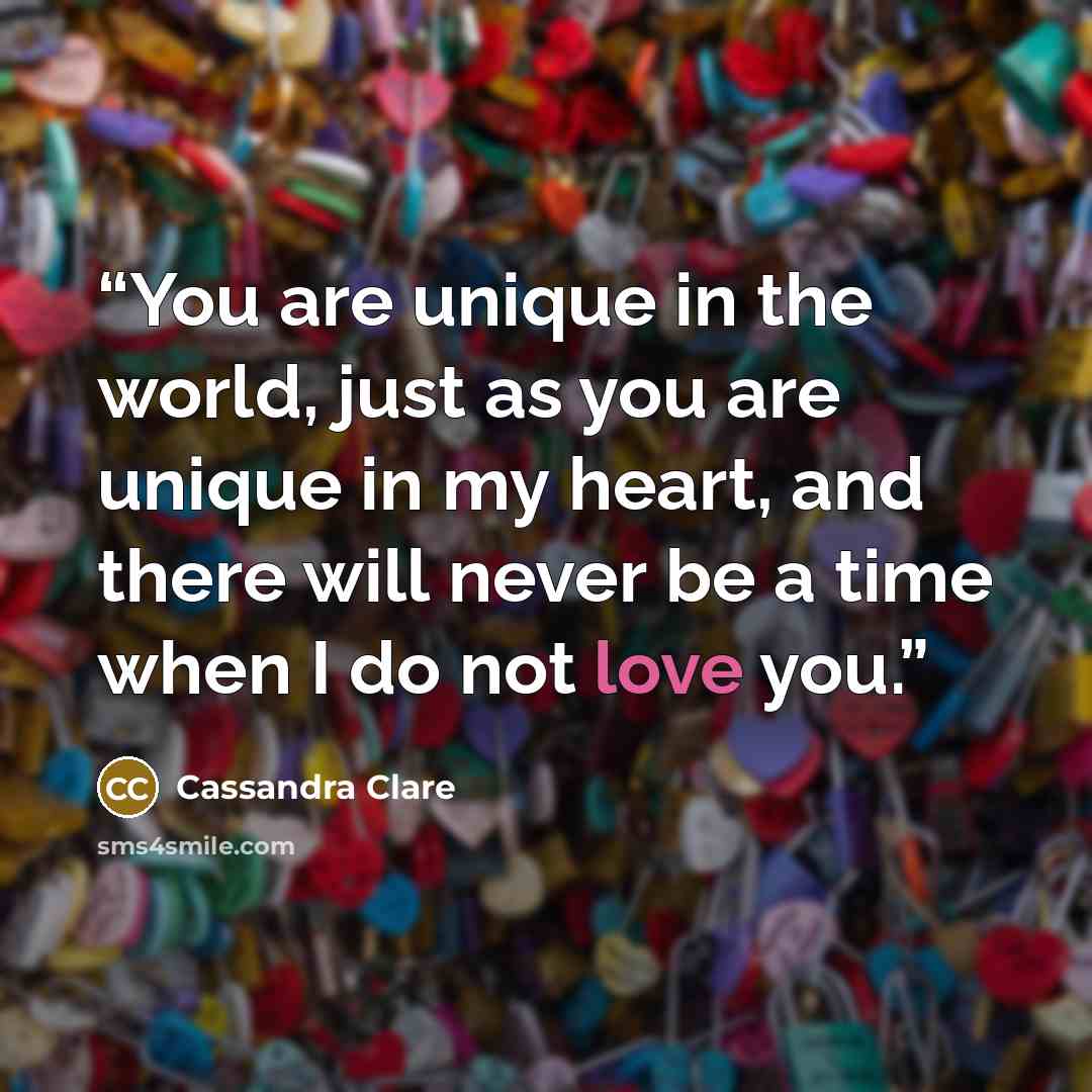 “You are unique in the world, just as you are unique in my heart, and there will never be a time when I do not love you.” quote by Cassandra Clare