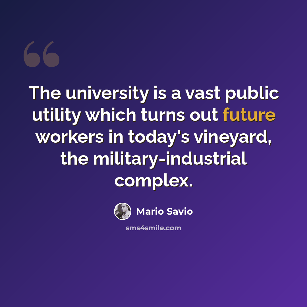 “The university is a vast public utility which turns out future workers in today's vineyard, the military-industrial complex.” quote by Mario Savio