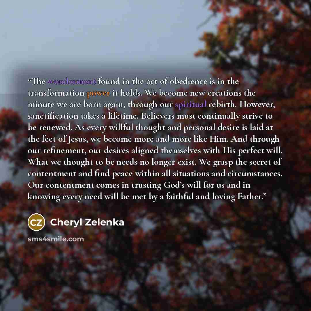 “The wonderment found in the act of obedience is in the transformation power it holds. We become new creations the minute we are born again, through our spiritual rebirth. However, sanctification takes a lifetime. Believers must continually strive to be renewed. As every willful thought and…” quote by Cheryl Zelenka