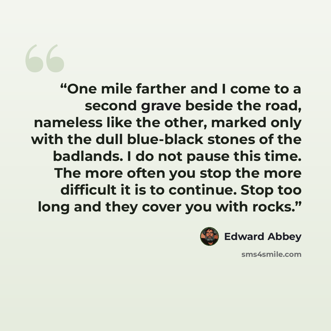 “One mile farther and I come to a second grave beside the road, nameless like the other, marked only with the dull blue-black stones of the badlands. I do not pause this time. The more often you stop the more difficult it is to continue. Stop too long and they cover you with rocks.” quote by Edward Abbey