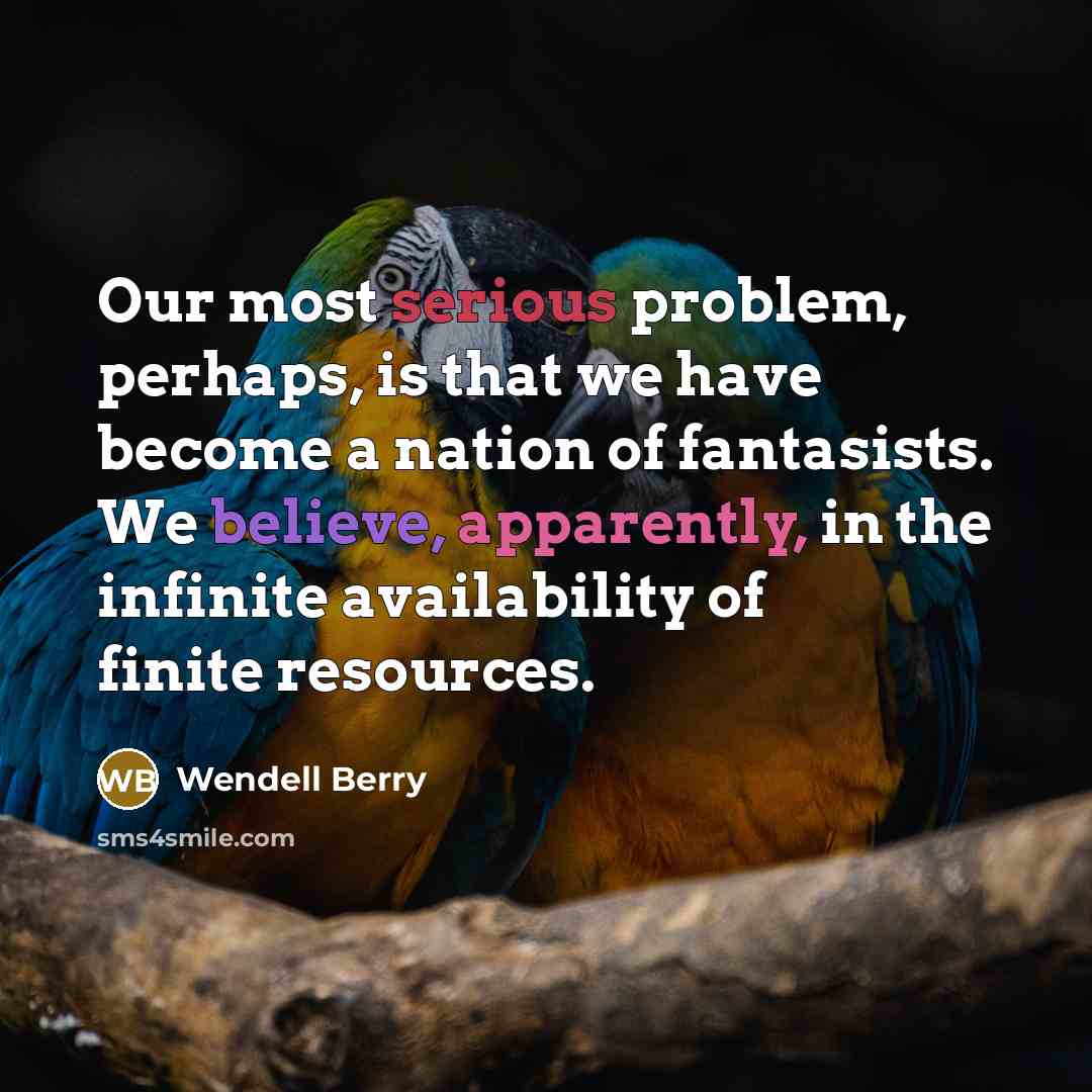 “Our most serious problem, perhaps, is that we have become a nation of fantasists. We believe, apparently, in the infinite availability of finite resources.” quote by Wendell Berry