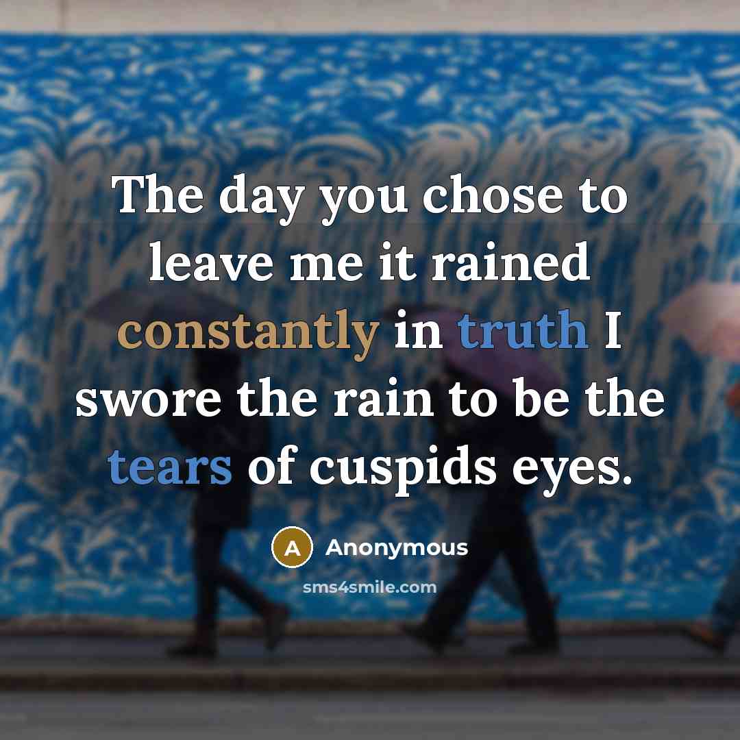 “The day you chose to leave me it rained constantly in truth I swore the rain to be the tears of cuspids eyes.” quote by Anonymous