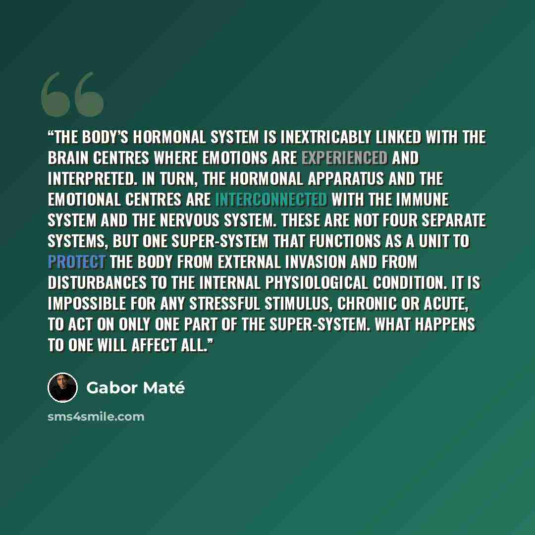 “The body’s hormonal system is inextricably linked with the brain centres where emotions are experienced and interpreted. In turn, the hormonal apparatus and the emotional centres are interconnected with the immune system and the nervous system. These are not four separate systems, but one…” quote by Gabor Maté