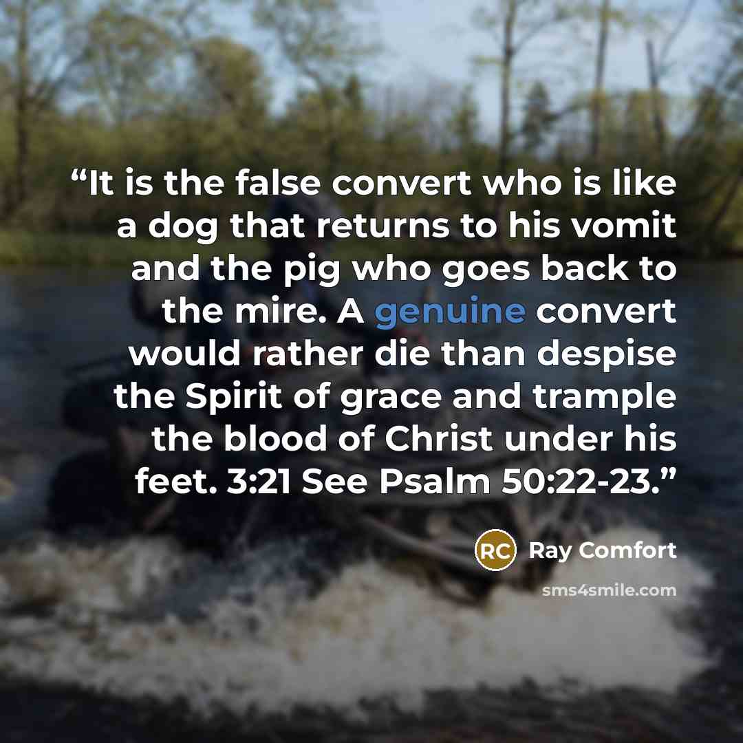 “It is the false convert who is like a dog that returns to his vomit and the pig who goes back to the mire. A genuine convert would rather die than despise the Spirit of grace and trample the blood of Christ under his feet. 3:21 See Psalm 50:22-23.” quote by Ray Comfort