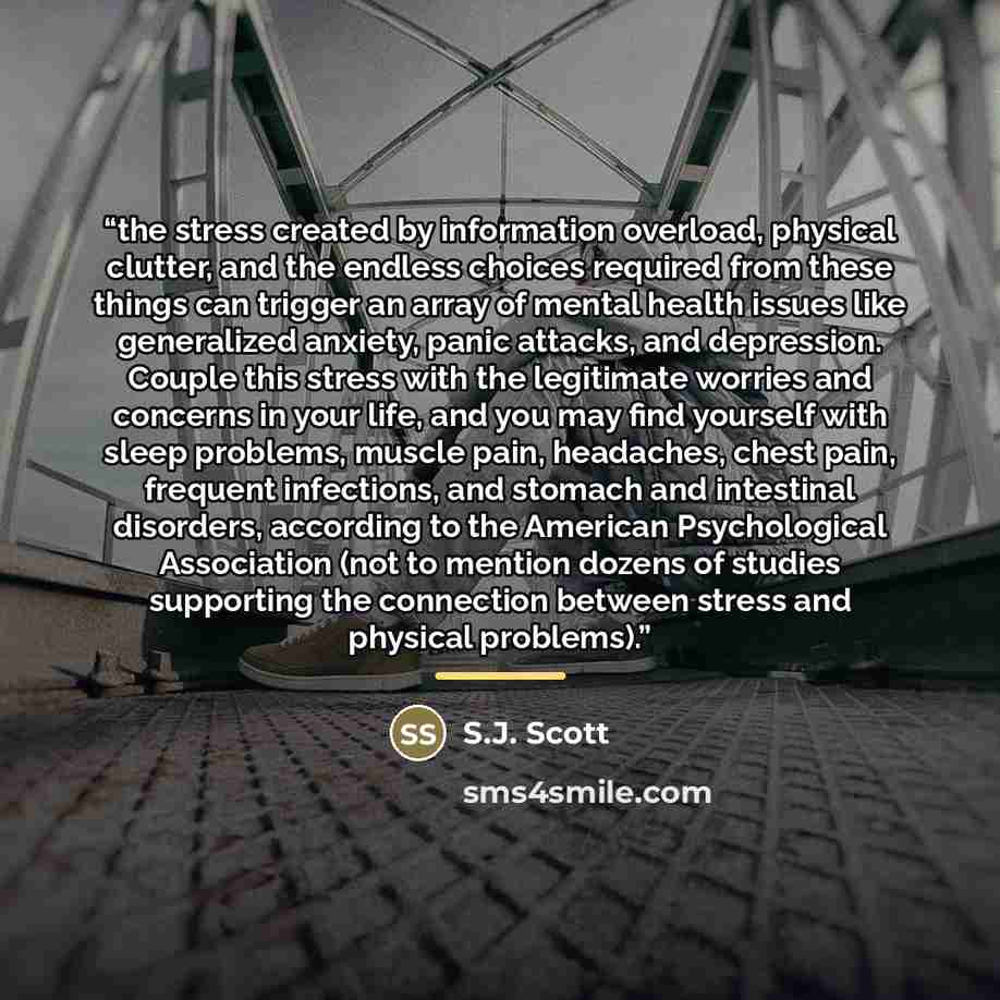 “the stress created by information overload, physical clutter, and the endless choices required from these things can trigger an array of mental health issues like generalized anxiety, panic attacks, and depression. Couple this stress with the legitimate worries and concerns in your life, and you…” quote by S.J. Scott