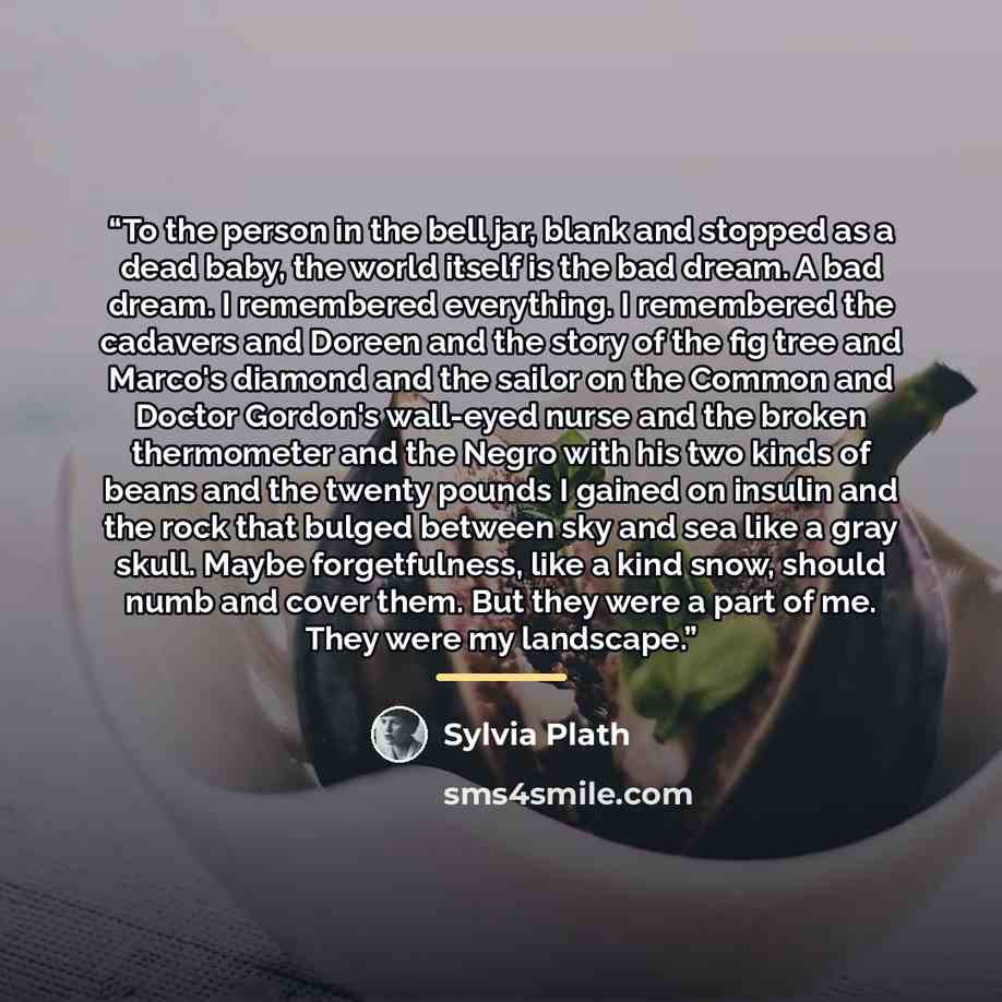 “To the person in the bell jar, blank and stopped as a dead baby, the world itself is the bad dream. A bad dream. I remembered everything. I remembered the cadavers and Doreen and the story of the fig tree and Marco's diamond and the sailor on the Common and Doctor Gordon's wall-eyed nurse and the…” quote by Sylvia Plath