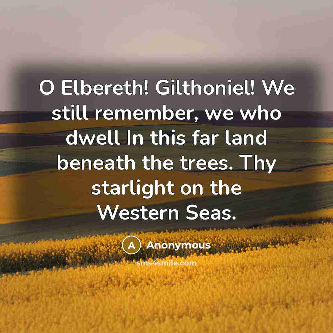 “O Elbereth! Gilthoniel! We still remember, we who dwell In this far land beneath the trees. Thy starlight on the Western Seas.” quote by Anonymous