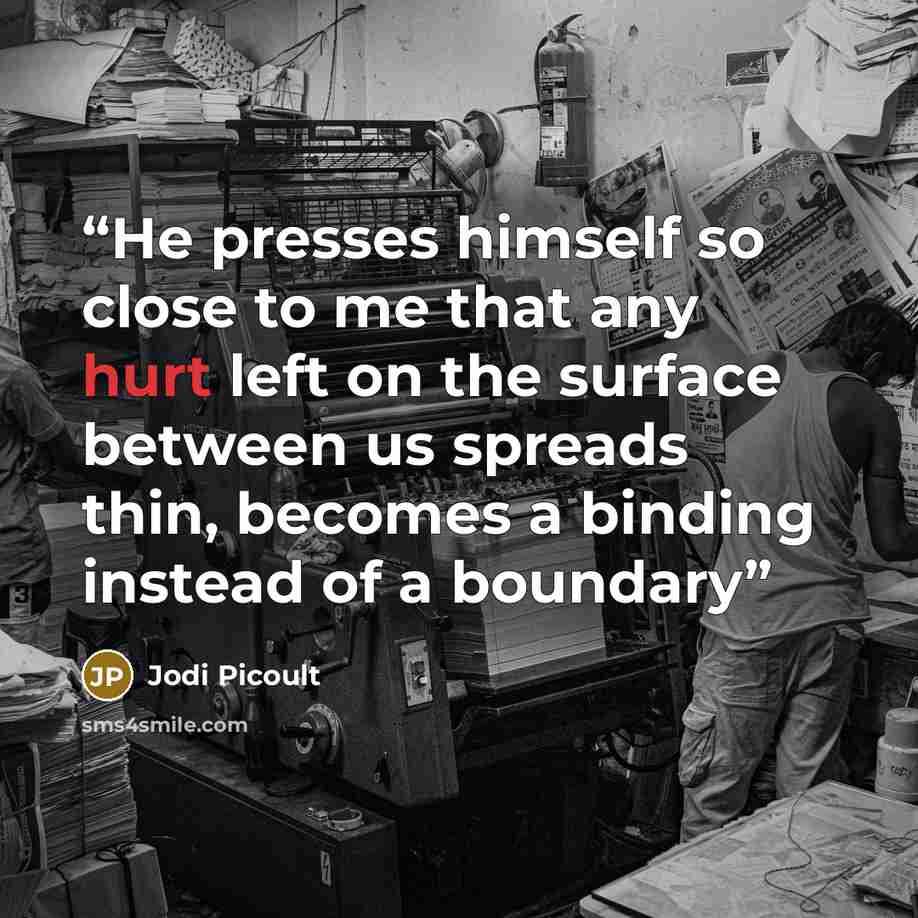 “He presses himself so close to me that any hurt left on the surface between us spreads thin, becomes a binding instead of a boundary” quote by Jodi Picoult