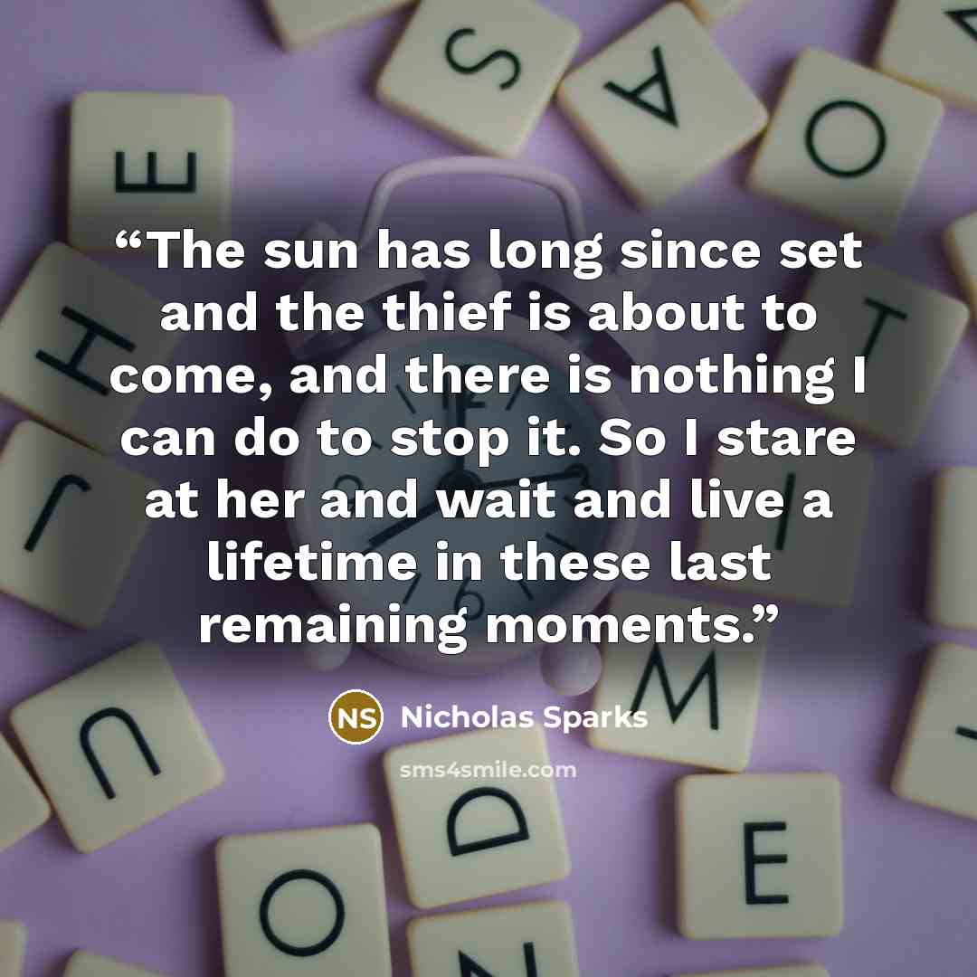 “The sun has long since set and the thief is about to come, and there is nothing I can do to stop it. So I stare at her and wait and live a lifetime in these last remaining moments.” quote by Nicholas Sparks