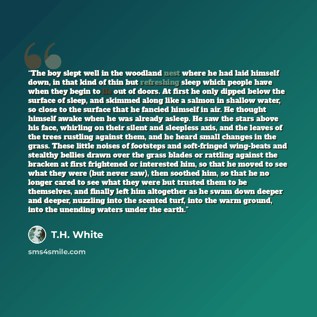“The boy slept well in the woodland nest where he had laid himself down, in that kind of thin but refreshing sleep which people have when they begin to lie out of doors. At first he only dipped below the surface of sleep, and skimmed along like a salmon in shallow water, so close to the surface…” quote by T.H. White