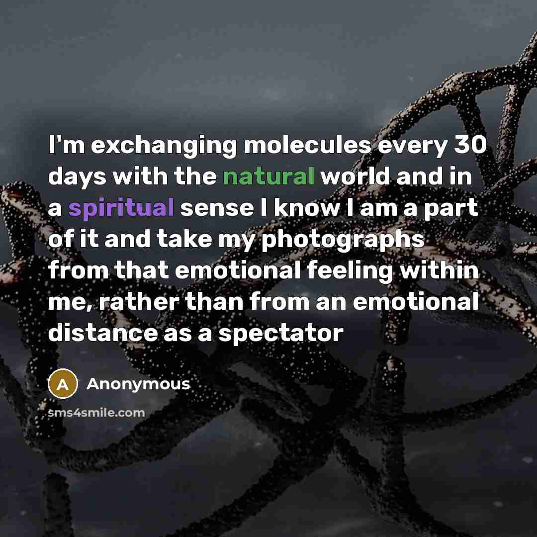 “I'm exchanging molecules every 30 days with the natural world and in a spiritual sense I know I am a part of it and take my photographs from that emotional feeling within me, rather than from an emotional distance as a spectator” quote by Anonymous