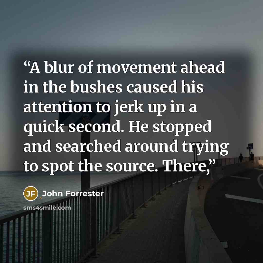 “A blur of movement ahead in the bushes caused his attention to jerk up in a quick second. He stopped and searched around trying to spot the source. There,” quote by John Forrester