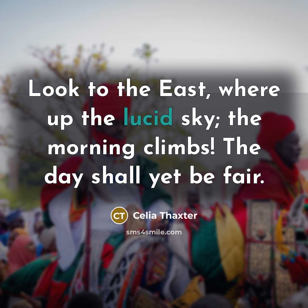 “Look to the East, where up the lucid sky; the morning climbs! The day shall yet be fair.” quote by Celia Thaxter