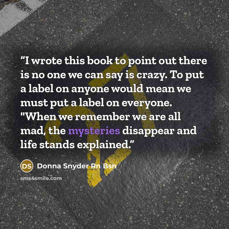 “I wrote this book to point out there is no one we can say is crazy. To put a label on anyone would mean we must put a label on everyone. "When we remember we are all mad, the mysteries disappear and life stands explained.” quote by Donna Snyder Rn Bsn