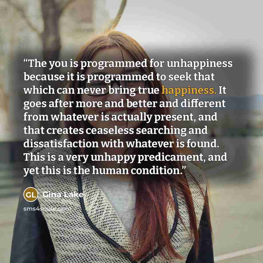 “The you is programmed for unhappiness because it is programmed to seek that which can never bring true happiness. It goes after more and better and different from whatever is actually present, and that creates ceaseless searching and dissatisfaction with whatever is found. This is a very unhappy…” quote by Gina Lake