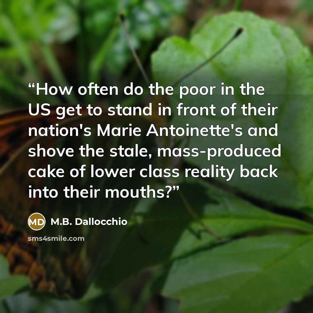 “How often do the poor in the US get to stand in front of their nation's Marie Antoinette's and shove the stale, mass-produced cake of lower class reality back into their mouths?” quote by M.B. Dallocchio