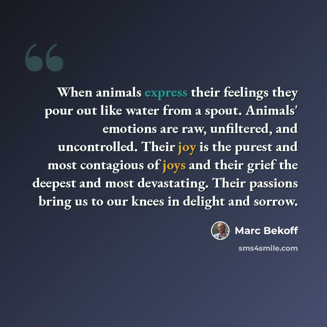 “When animals express their feelings they pour out like water from a spout. Animals' emotions are raw, unfiltered, and uncontrolled. Their joy is the purest and most contagious of joys and their grief the deepest and most devastating. Their passions bring us to our knees in delight and sorrow.” quote by Marc Bekoff