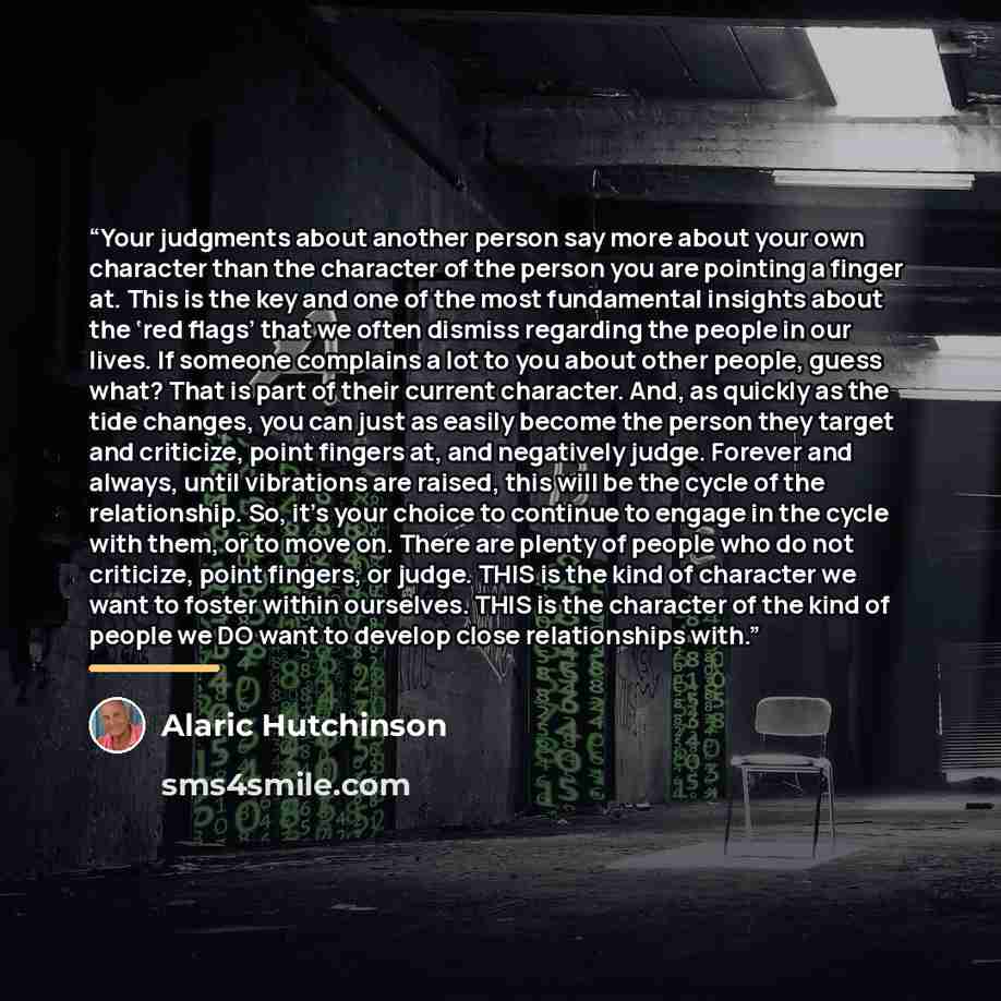 “Your judgments about another person say more about your own character than the character of the person you are pointing a finger at. This is the key and one of the most fundamental insights about the ‘red flags’ that we often dismiss regarding the people in our lives. If someone complains a lot to…” quote by Alaric Hutchinson