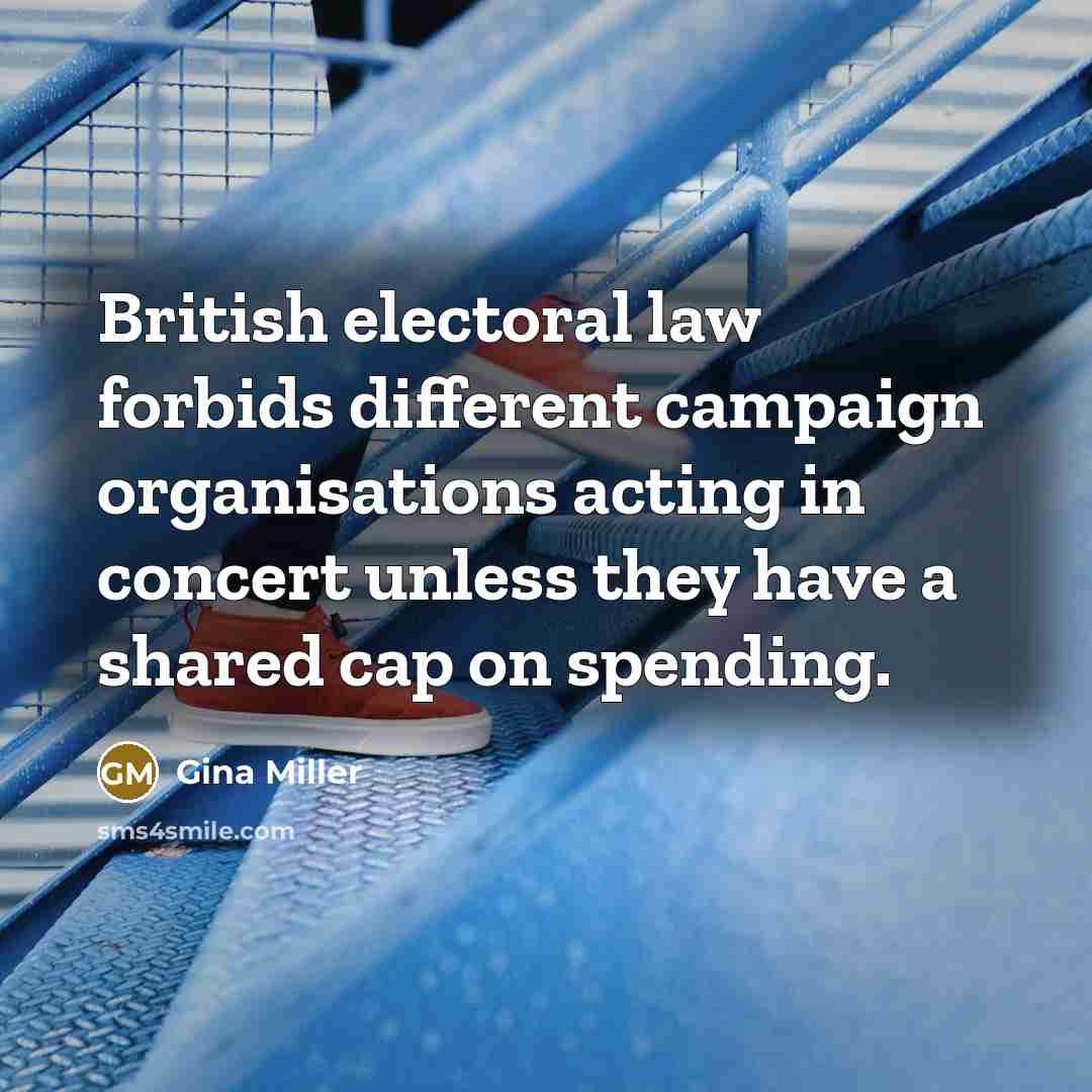 “British electoral law forbids different campaign organisations acting in concert unless they have a shared cap on spending.” quote by Gina Miller