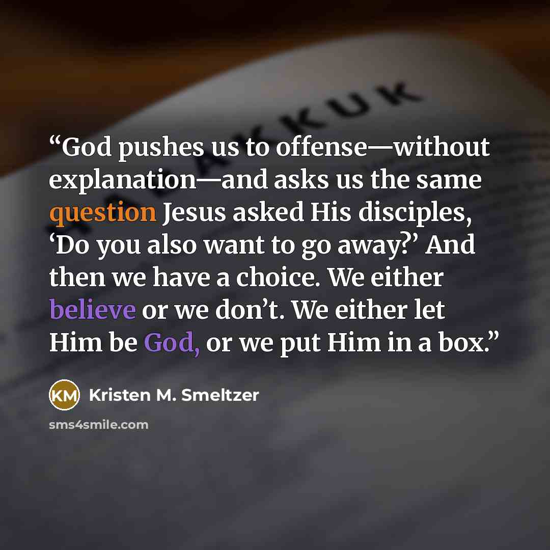 “God pushes us to offense—without explanation—and asks us the same question Jesus asked His disciples, ‘Do you also want to go away?’ And then we have a choice. We either believe or we don’t. We either let Him be God, or we put Him in a box.” quote by Kristen M. Smeltzer