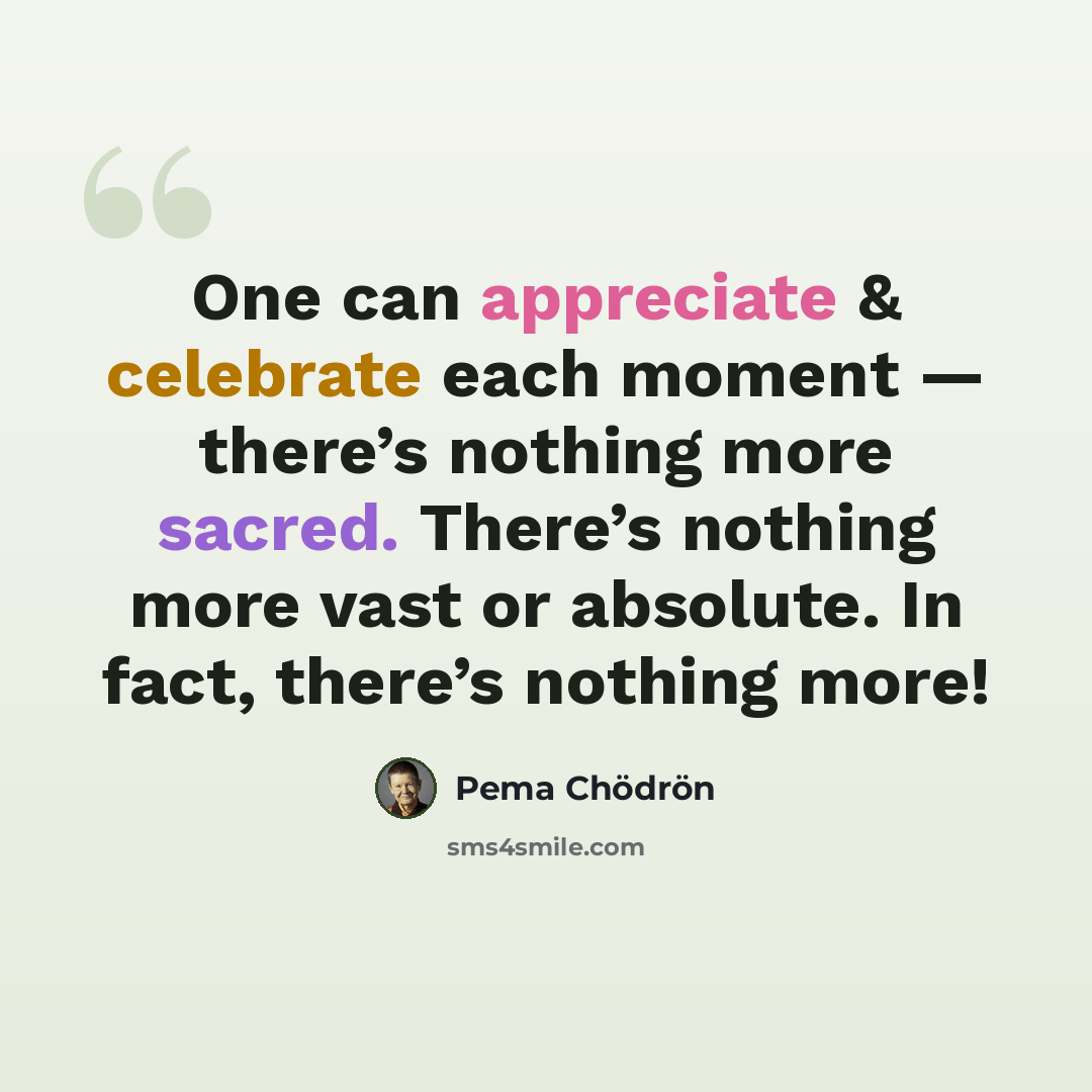 “One can appreciate & celebrate each moment — there’s nothing more sacred. There’s nothing more vast or absolute. In fact, there’s nothing more!” quote by Pema Chodron