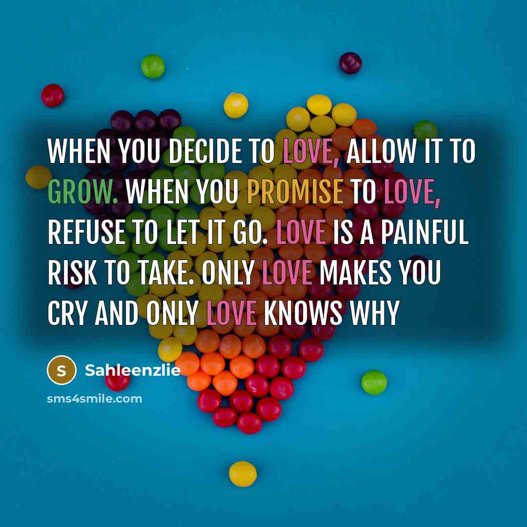 “When you decide to love, Allow it to grow. When you promise to love, Refuse to let it go. Love is a painful risk to take. only love makes you cry and only love knows why” quote by Sahleenzlie
