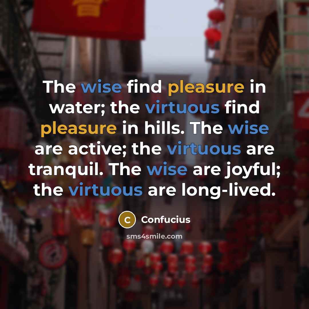 “The wise find pleasure in water; the virtuous find pleasure in hills. The wise are active; the virtuous are tranquil. The wise are joyful; the virtuous are long-lived.” quote by Confucius