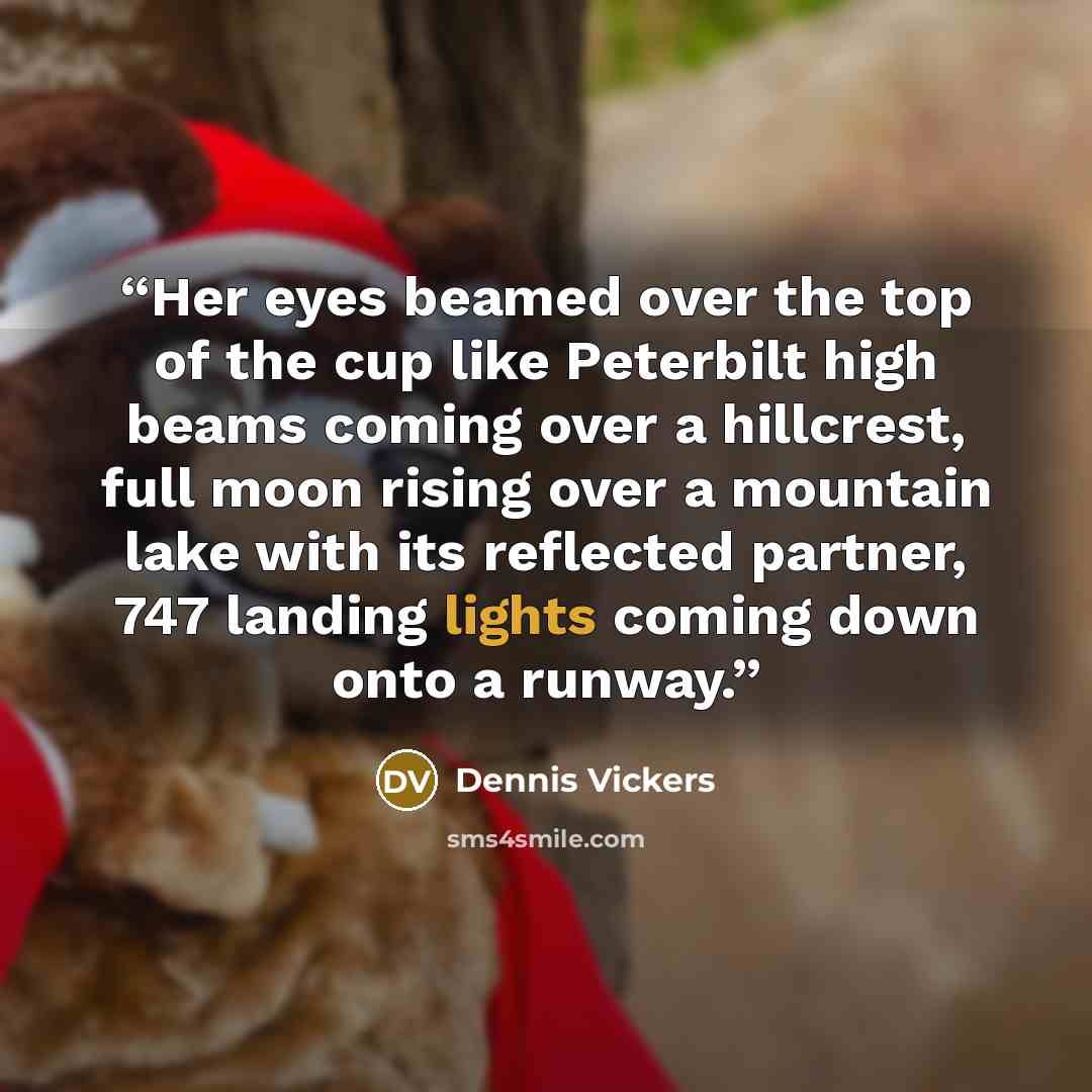 “Her eyes beamed over the top of the cup like Peterbilt high beams coming over a hillcrest, full moon rising over a mountain lake with its reflected partner, 747 landing lights coming down onto a runway.” quote by Dennis Vickers
