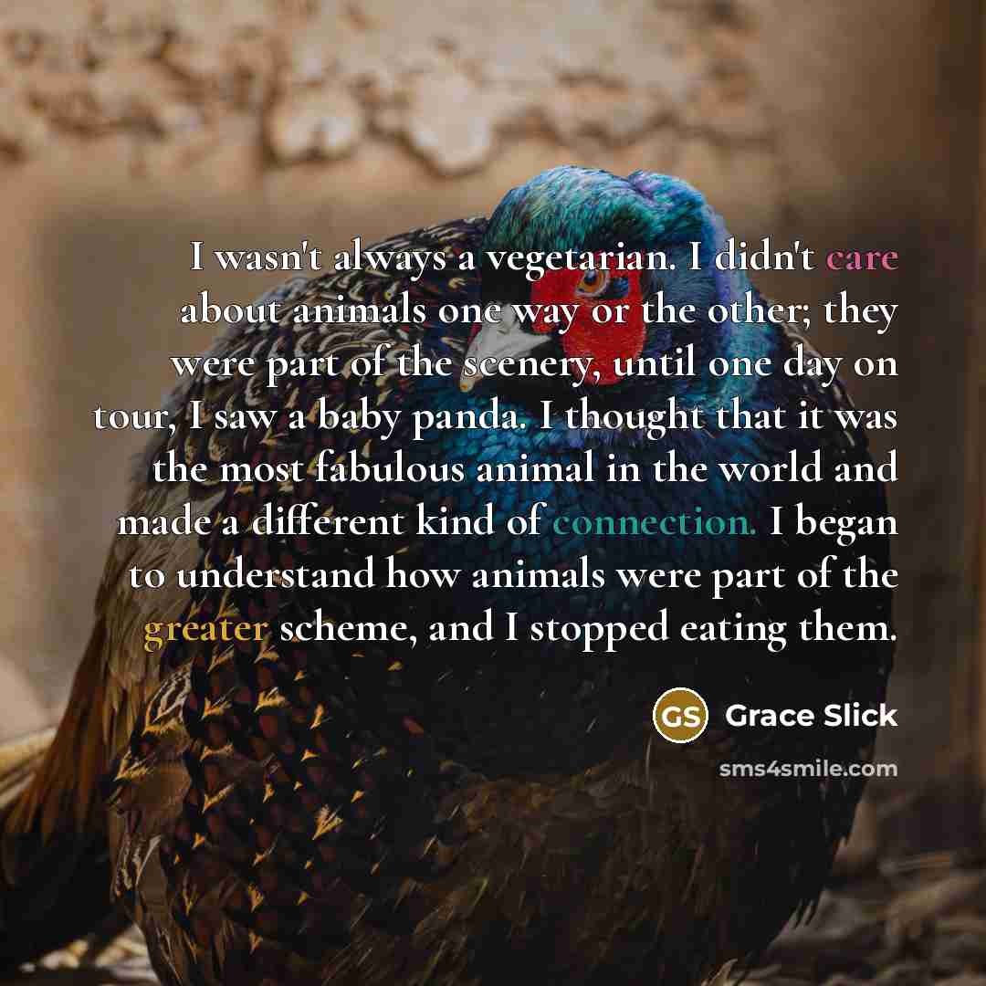 “I wasn't always a vegetarian. I didn't care about animals one way or the other; they were part of the scenery, until one day on tour, I saw a baby panda. I thought that it was the most fabulous animal in the world and made a different kind of connection. I began to understand how animals were part…” quote by Grace Slick