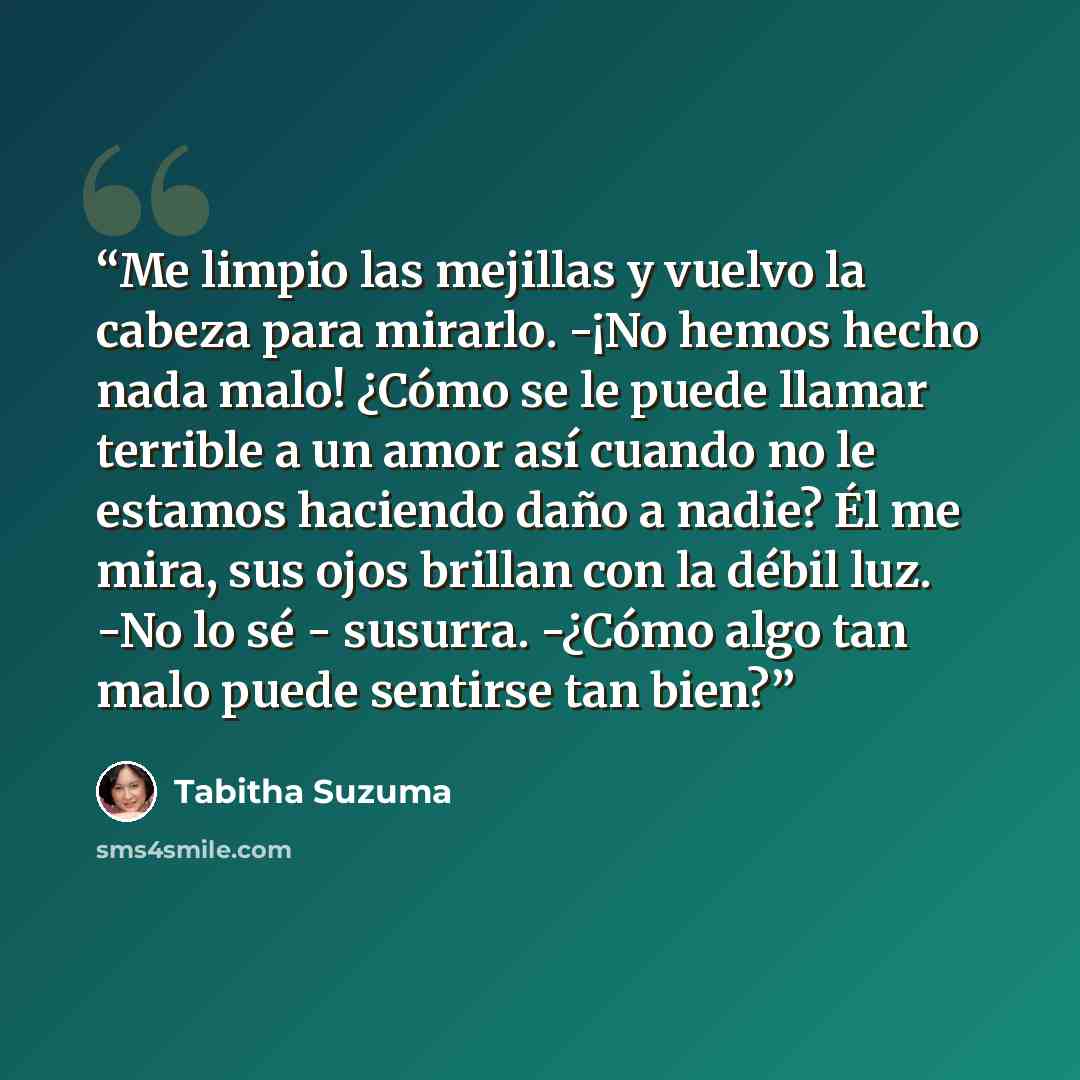 “Me limpio las mejillas y vuelvo la cabeza para mirarlo. -¡No hemos hecho nada malo! ¿Cómo se le puede llamar terrible a un amor así cuando no le estamos haciendo daño a nadie? Él me mira, sus ojos brillan con la débil luz. -No lo sé - susurra. -¿Cómo algo tan malo puede sentirse tan bien?” quote by Tabitha Suzuma