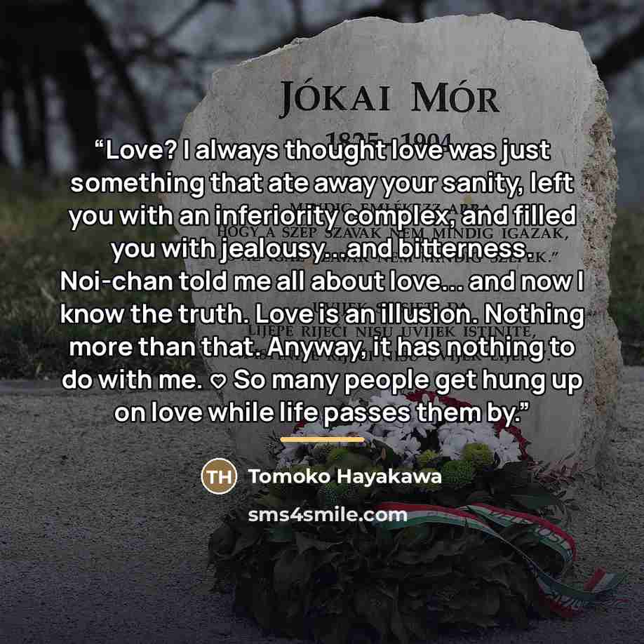 ““Love? I always thought love was just something that ate away your sanity, left you with an inferiority complex, and filled you with jealousy...and bitterness. Noi-chan told me all about love... and now I know the truth. Love is an illusion. Nothing more than that. Anyway, it has nothing to do…” quote by Tomoko Hayakawa