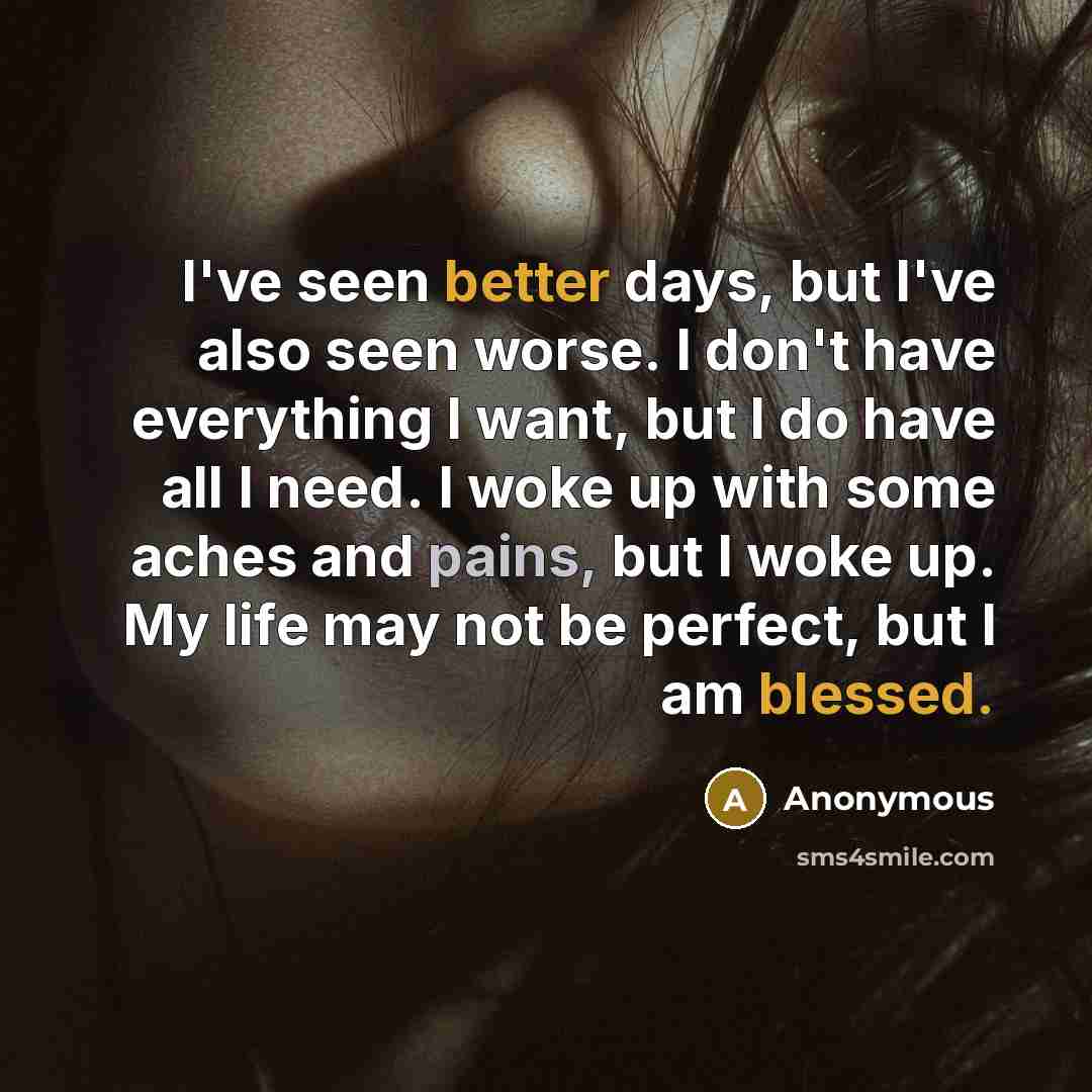 “I've seen better days, but I've also seen worse. I don't have everything I want, but I do have all I need. I woke up with some aches and pains, but I woke up. My life may not be perfect, but I am blessed.” quote by Anonymous