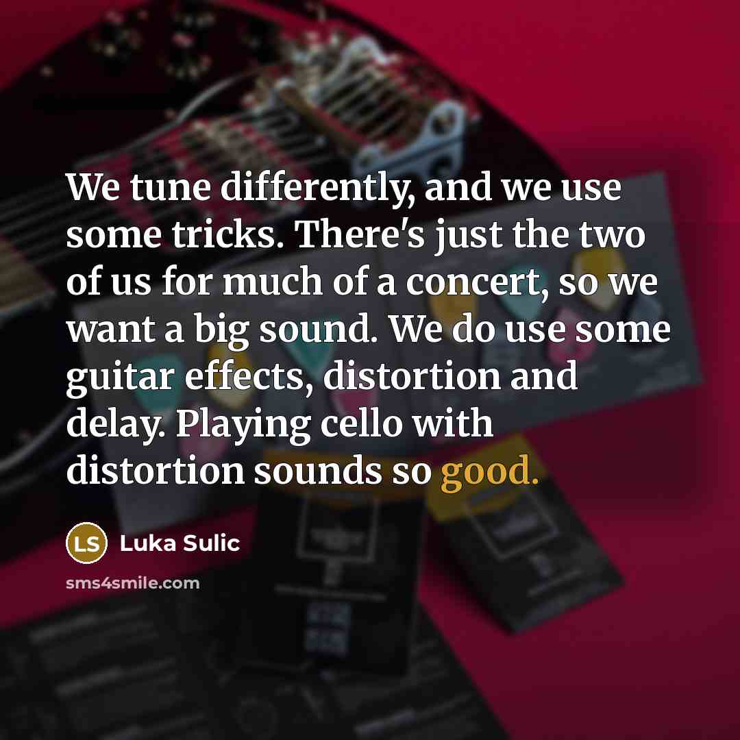 “We tune differently, and we use some tricks. There's just the two of us for much of a concert, so we want a big sound. We do use some guitar effects, distortion and delay. Playing cello with distortion sounds so good.” quote by Luka Sulic