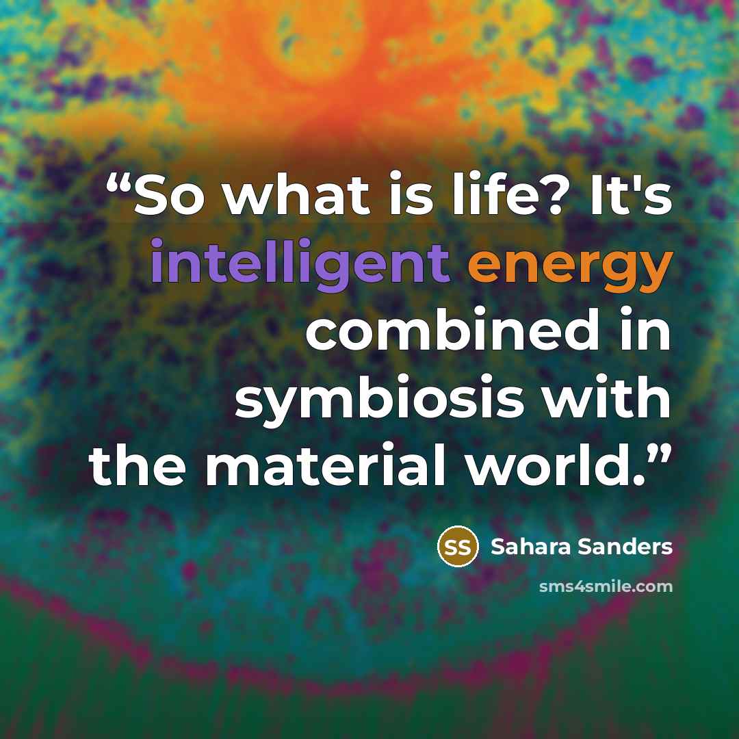 “So what is life? It's intelligent energy combined in symbiosis with the material world.” quote by Sahara Sanders