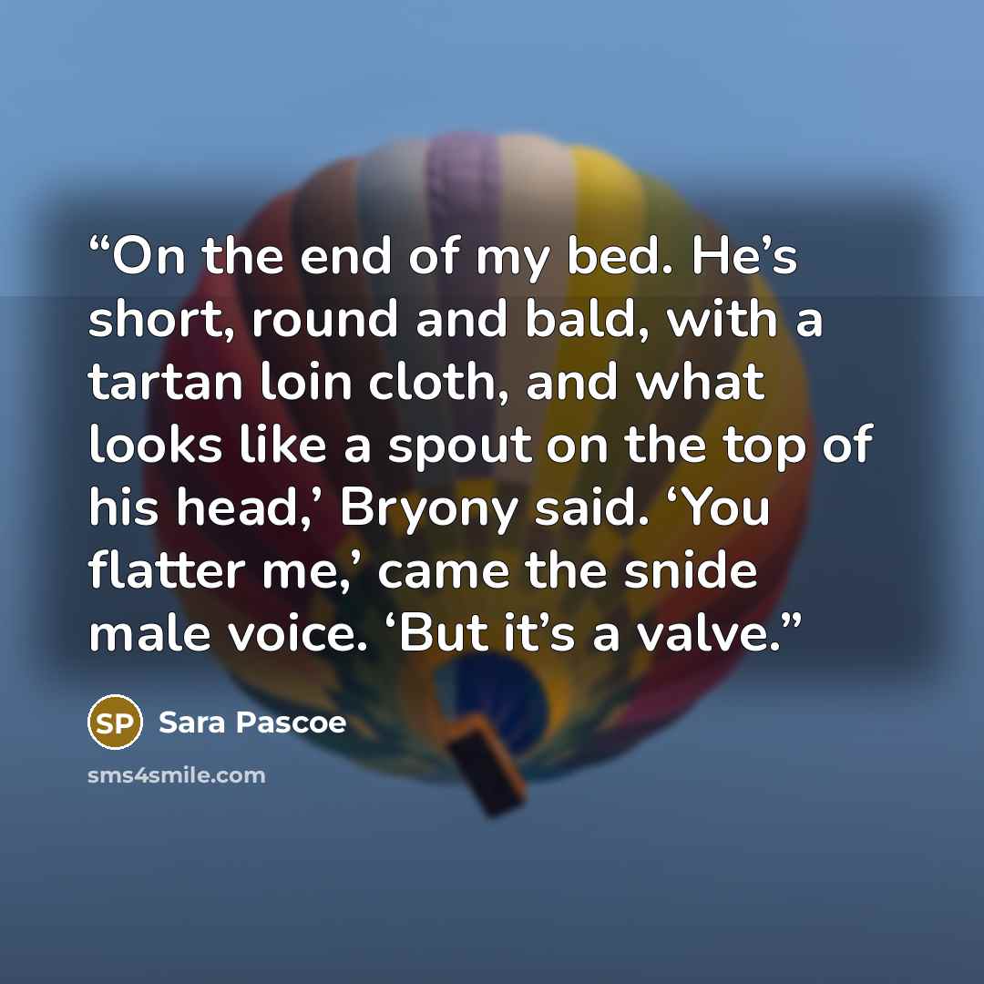 “On the end of my bed. He’s short, round and bald, with a tartan loin cloth, and what looks like a spout on the top of his head,’ Bryony said. ‘You flatter me,’ came the snide male voice. ‘But it’s a valve.” quote by Sara Pascoe