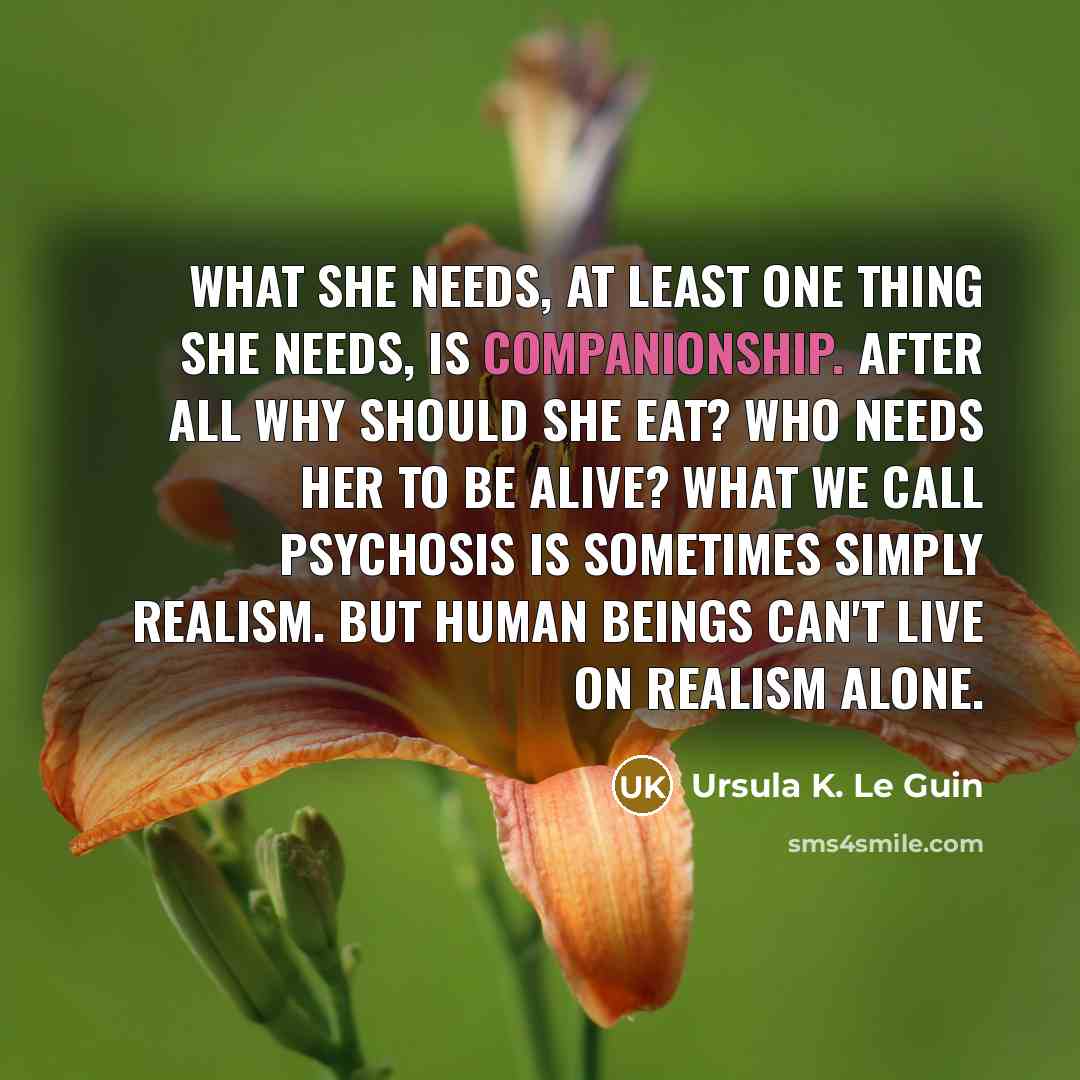 “What she needs, at least one thing she needs, is companionship. After all why should she eat? Who needs her to be alive? What we call psychosis is sometimes simply realism. But human beings can't live on realism alone.” quote by Ursula K. Le Guin