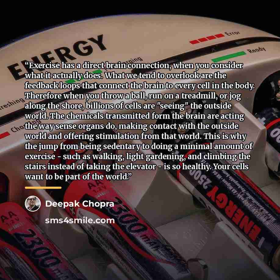 “Exercise has a direct brain connection, when you consider what it actually does. What we tend to overlook are the feedback loops that connect the brain to every cell in the body. Therefore when you throw a ball, run on a treadmill, or jog along the shore, billions of cells are "seeing" the outside…” quote by Deepak Chopra